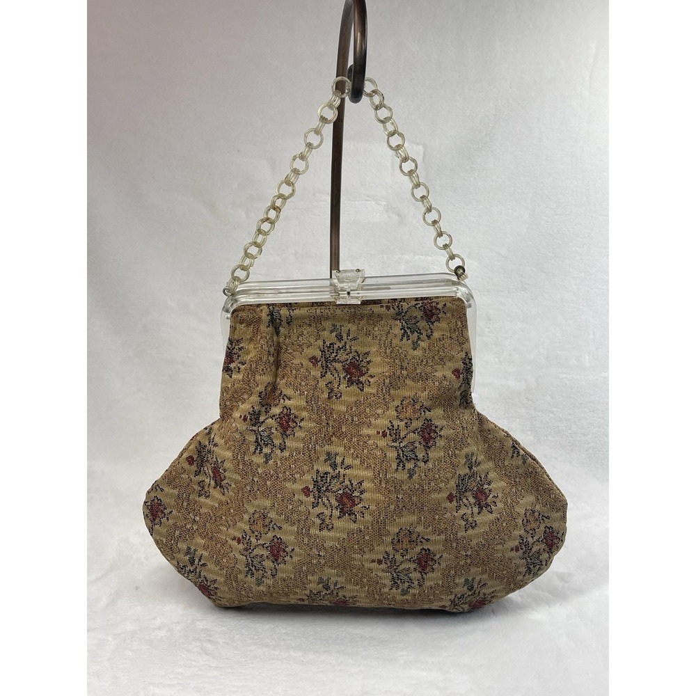 Vintage Lucite Frame Tapestry Handbag Floral Chain Strap Snap Closure